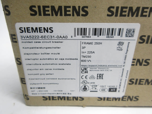 SIEMENS 3VA52222-6EC31-0AA0 600V 225A NSMP