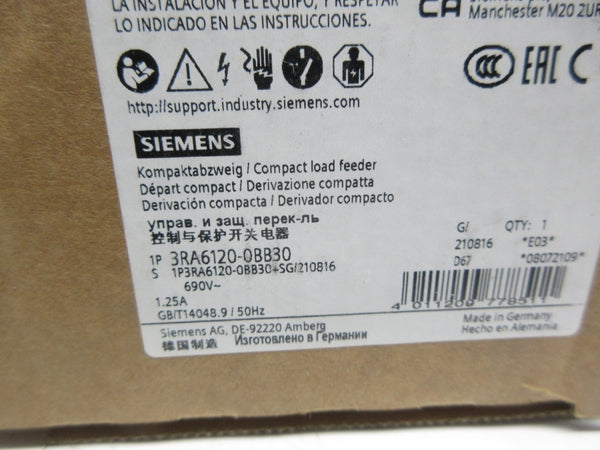SIEMENS 3RA6120-0BB30 690V 1.25A NSMP