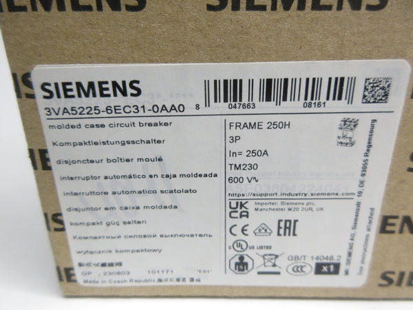 SIEMENS 3VA5225-6EC31-0AA0 600V 250A NSMP