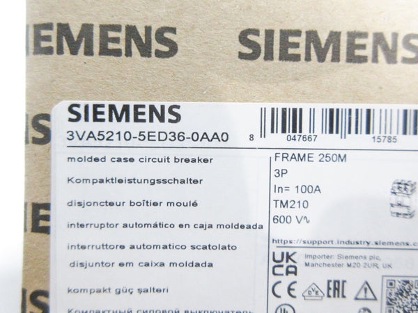 SIEMENS 3VA5210-5ED36-0AA0 600V 100A NSMP
