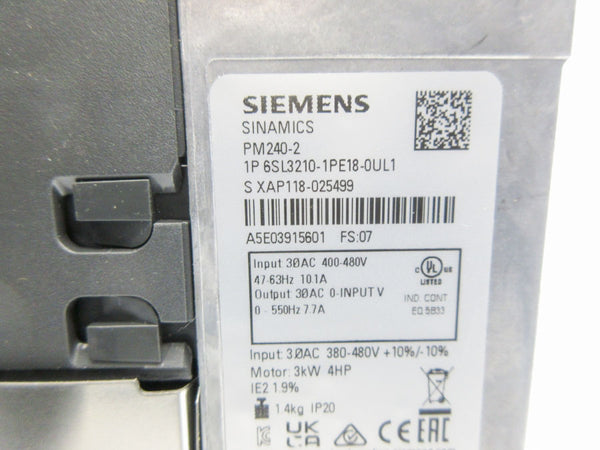 SIEMENS 6SL3210-1PE18-0UL1 400-480V 10.1A NSNP