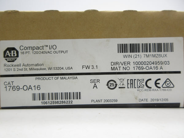 INDUSTRIAL SPARE PART 1769-OA16 SER. A F/W 3.1 120/240VAC DATE: 2019 NSFS
