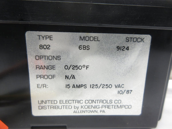 UNITED ELECTRIC 802-6BS 125/250VAC 15A 0-250'F NSNP