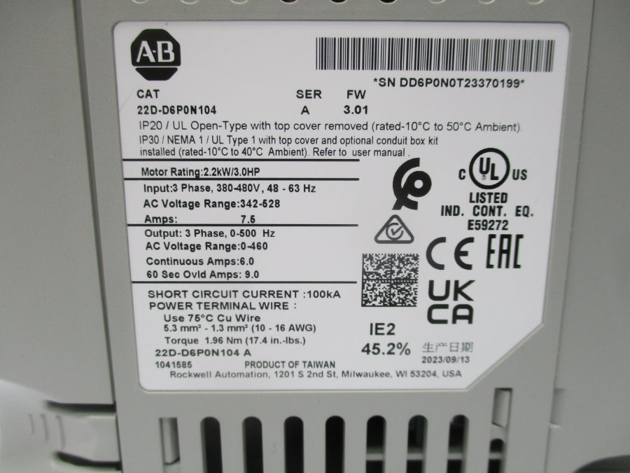 INDUSTRIAL SPARE PART 22D-D6P0N104 SER. A F/W 3.01 380-480V 7.5A NSNP