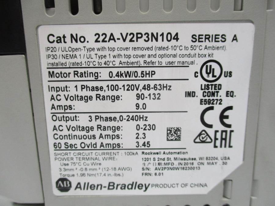 INDUSTRIAL SPARE PART 22A-V2P3N104 SER. A F/W 6.01 100-120VAC 9.0A NSNP