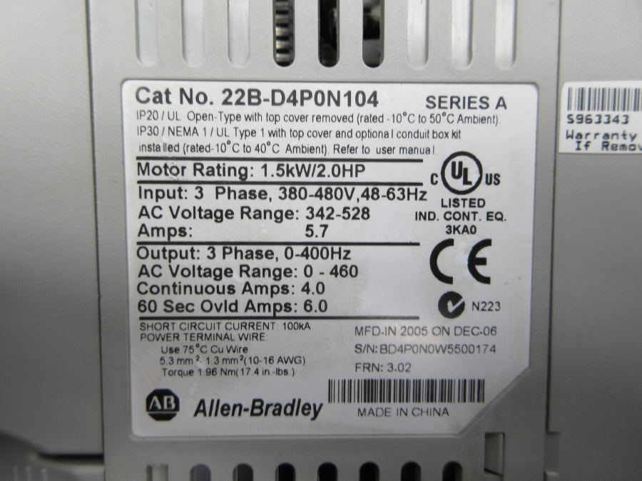 INDUSTRIAL SPARE PART 22B-D4P0N104 SER. A F/W 3.02 342-528VAC 5.7A UNMP
