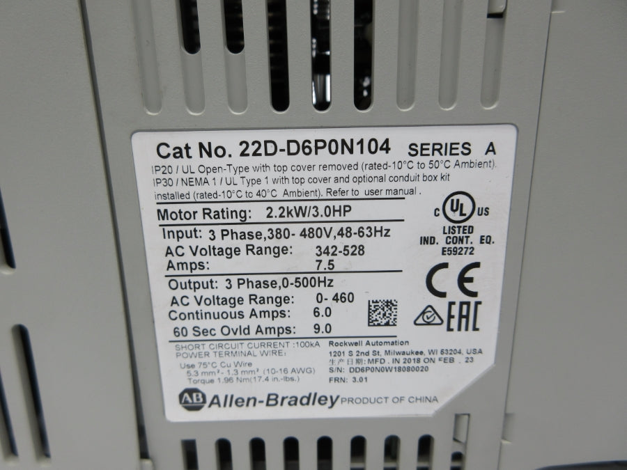 INDUSTRIAL SPARE PART 22D-D6P0N104 SER. A F/W 3.01 342-528VAC 7.5A UNMP