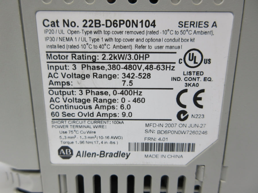 INDUSTRIAL SPARE PART 22B-D6P0N104 SER. A F/W 4.01 342-528V 7.5 UNMP