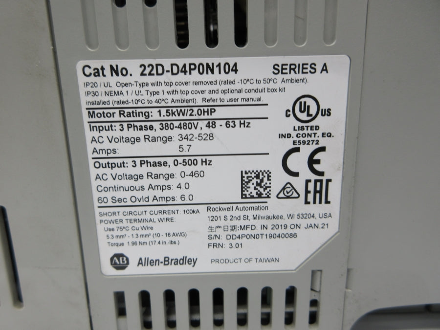 INDUSTRIAL SPARE PART 22D-D4P0N104 SER. A F/W 3.01 342-528V 5.7A UNMP