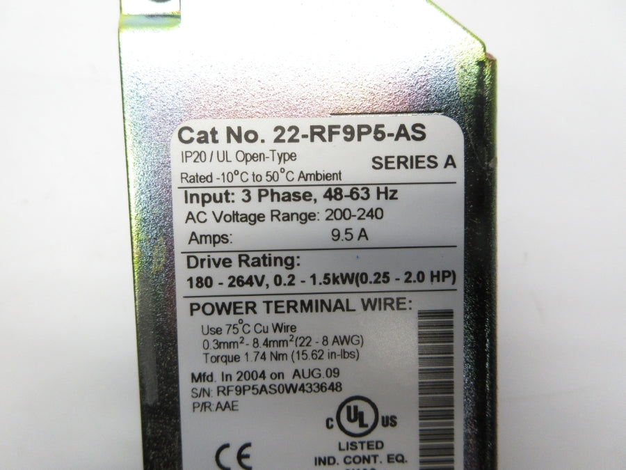 INDUSTRIAL SPARE PART 22-RF9P5-AS SER. A 200-240VAC 9.5A NSNP
