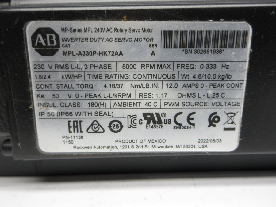 INDUSTRIAL SPARE PART MPL-A330P-HK72AA SER. A 230V 12.0A NSNP