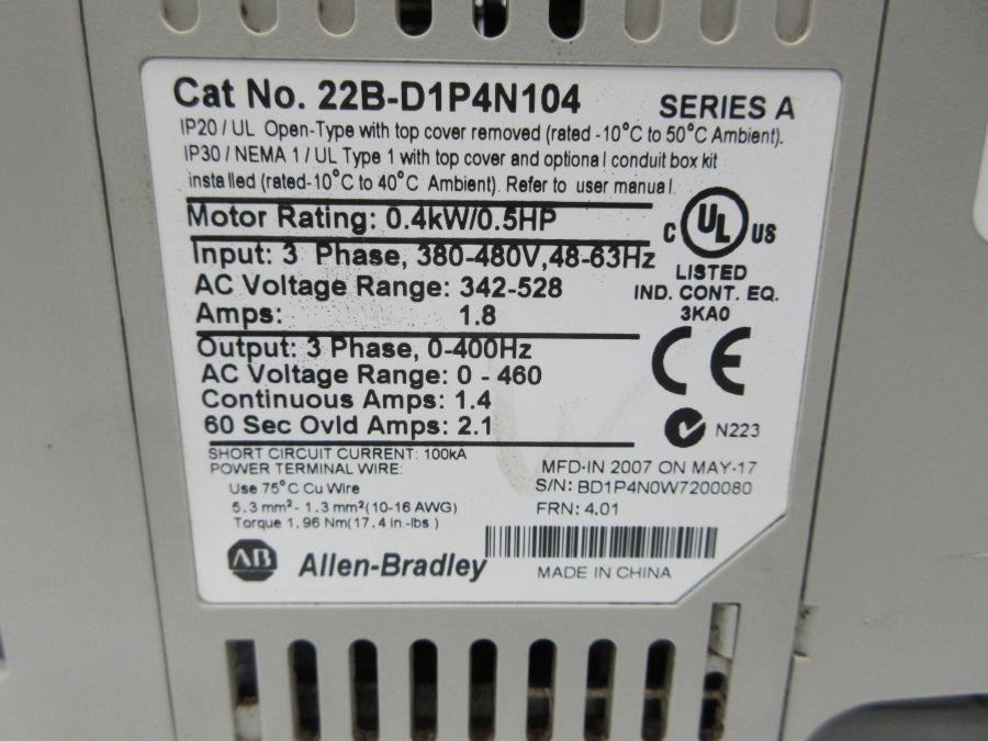 INDUSTRIAL SPARE PART 22B-D1P4N104 SER. A F/W 4.01 342-528VAC 1.8A UNMP