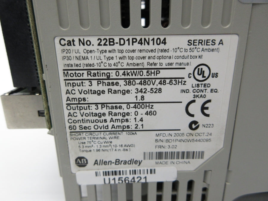 INDUSTRIAL SPARE PART 22B-D1P4N104 SER. A F/W 3.02 342-528VAC 1.8A (AS PICTURED) UNMP