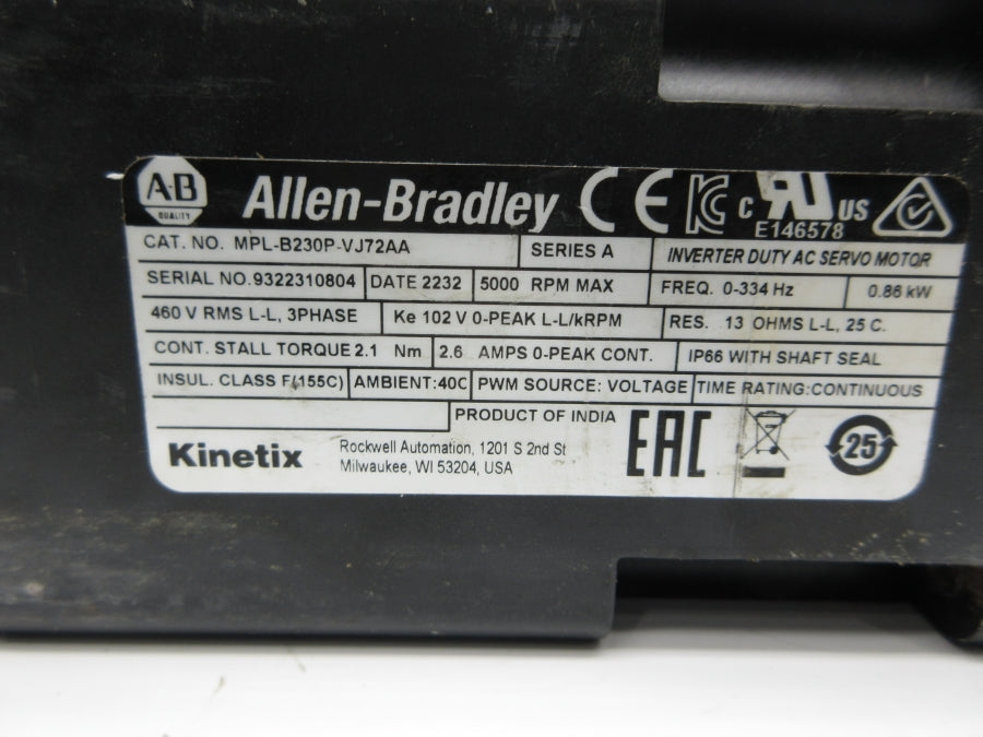 INDUSTRIAL SPARE PART MPL-B230P-VJ72AA SER. A 460V 2.6A UNMP