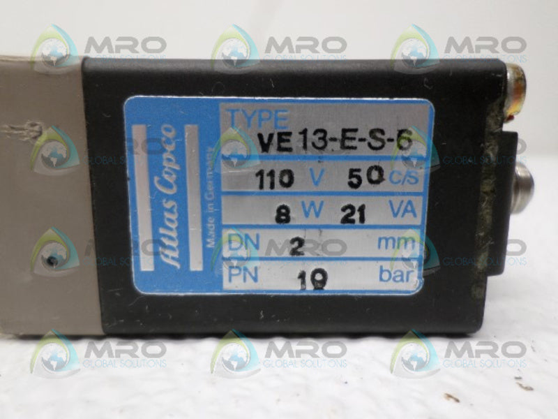 ATLAS COPCO VE13-E-S-6 SOLENOID VALVE 110V UNMP