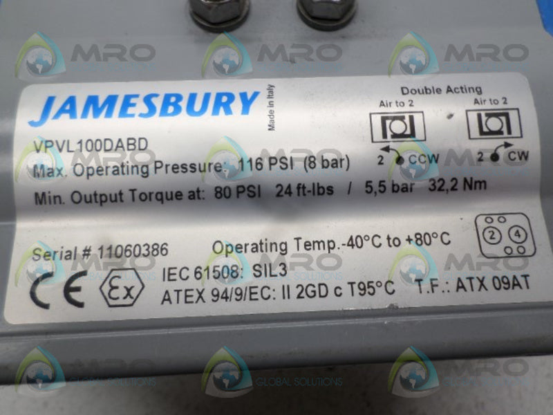JAMESBURY VPVL100DABD DOUBLE ACTING ACTUATOR UNMP