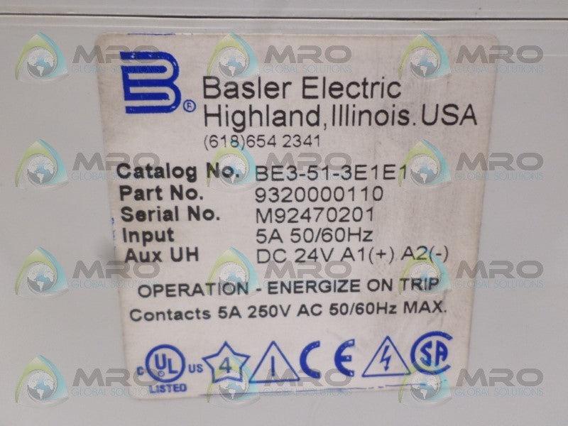 BASLER ELECTRIC BE3-51-3E1E1 9320000110 24VDC NSNP
