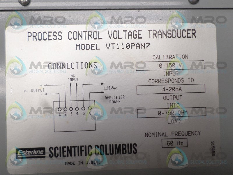 SCIENTIFIC COLUMBUS VT110PAN7 PROCESS CONTROL VOLTAGE TRANSDUCER UNMP