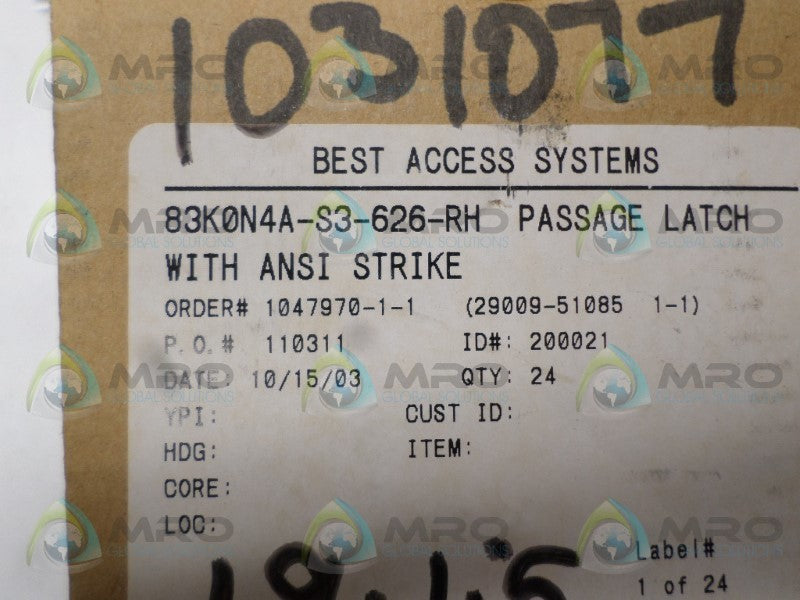 BEST ACCESS SYSTEMS 83K0N4A-S3-626-RH NSMP