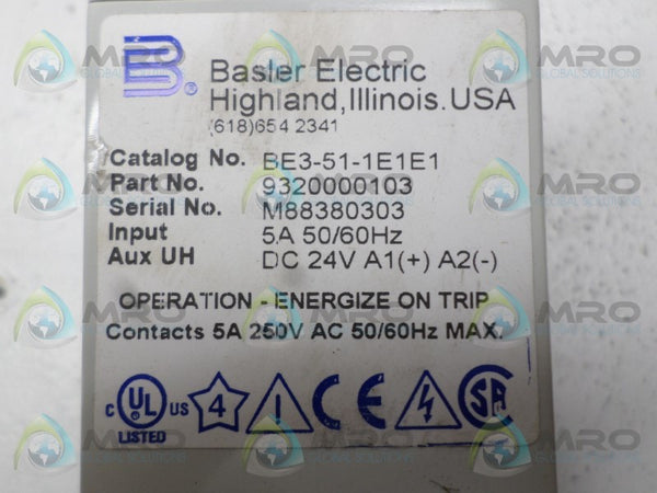 BASLER ELECTRIC BE3-51-1E1E1 9320000103 CURRENT RELAY UNMP