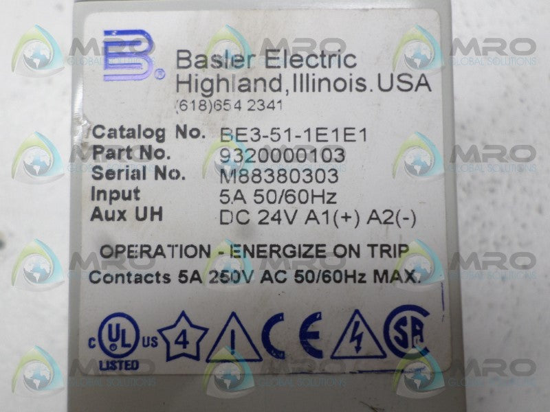 BASLER ELECTRIC BE3-51-1E1E1 9320000103 CURRENT RELAY UNMP