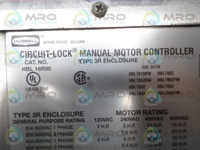 HUBBELL HBL16R90 MANUAL MOTOR CONTROLLER UNMP