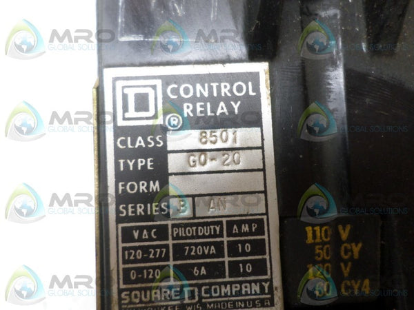 SQUARE D 8501-G0-20 CONTROL RELAY 110/120V UNMP