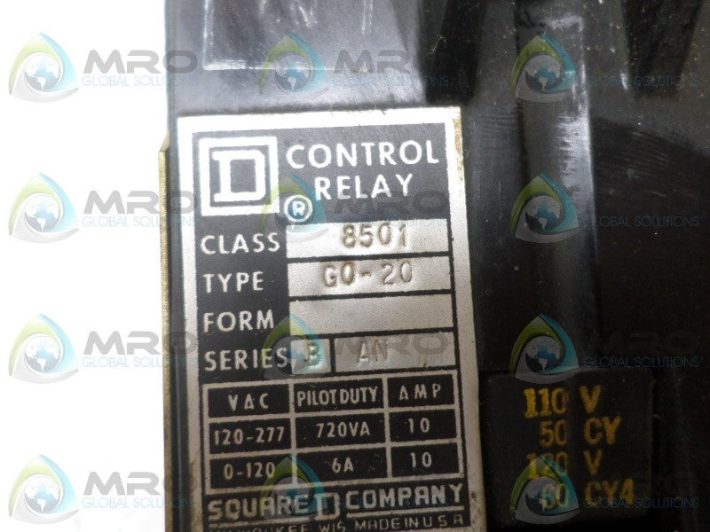 SQUARE D 8501-G0-20 CONTROL RELAY 110/120V UNMP