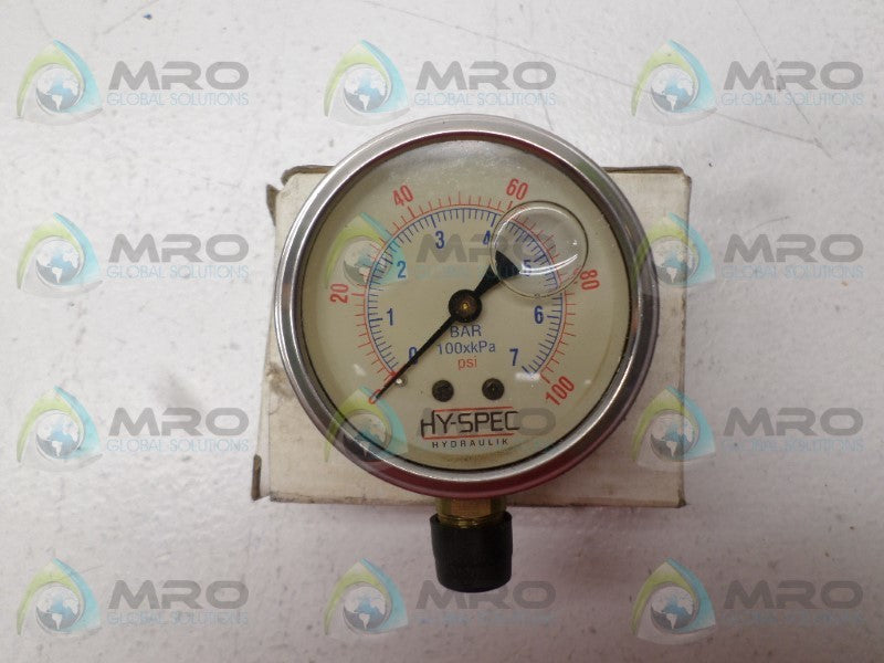 HY-SPEC HYSG22LXB100PSI-1/4NPT PRESSURE GAUGE 0-100 PSI 0-7 BAR NSMP