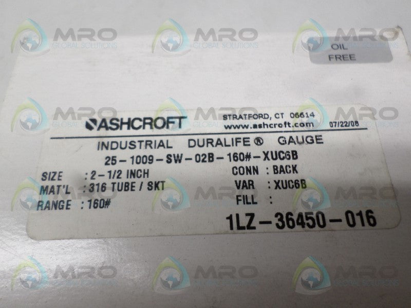 ASHCROFT 251009SW02B-160#-XUC6B PRESSURE GAUGE 0-160 PSI  NSNP