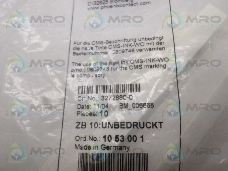 PHOENIX CONTACT ZB10:UNBEDRUCKT 1053001 BLANK LABELS  NSMP
