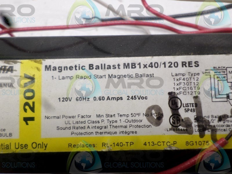 SYLVANIA MB1X40/120RES MAGNETIC BALLAST  UNMP