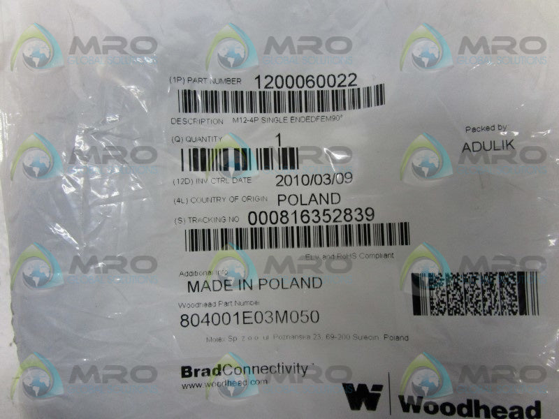 DANIEL WOODHEAD 804001E03M050 CABLE CONNECTOR  NSMP