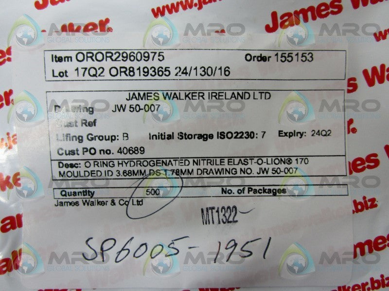 JAMES WALKER 50-007 O-RING (PKG OF 500)  NSNP IN FACTOR BAG