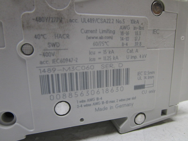 ALLEN BRADLEY 1489-M3C060 SER. D CIRCUIT BREAKER 6A  NSMP