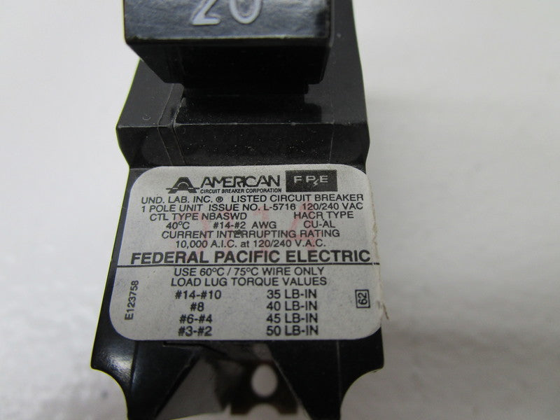 FEDERAL PIONEER NBSWD120 CIRCUIT BREAKER 20A  UNMP