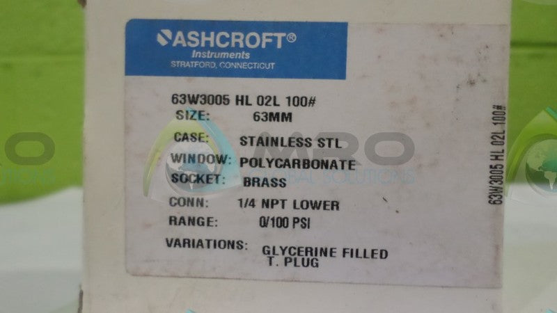 ASHCROFT 63W3005HL02L-100# PRESSURE GAUGE 0-100 PSI NSMP