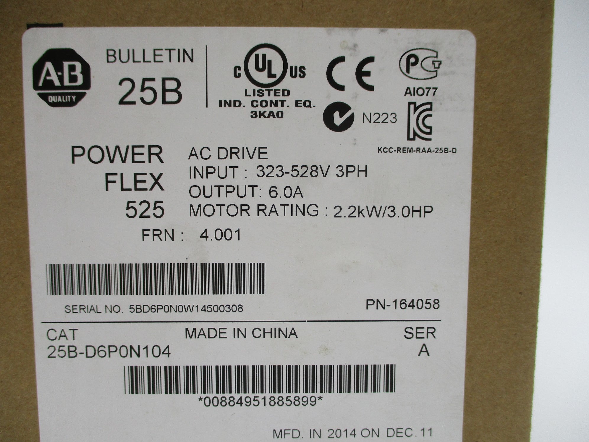 ALLEN BRADLEY 25B-D6P0N104 SER. A F/W 4.001 323-528V 6.0A NSMP