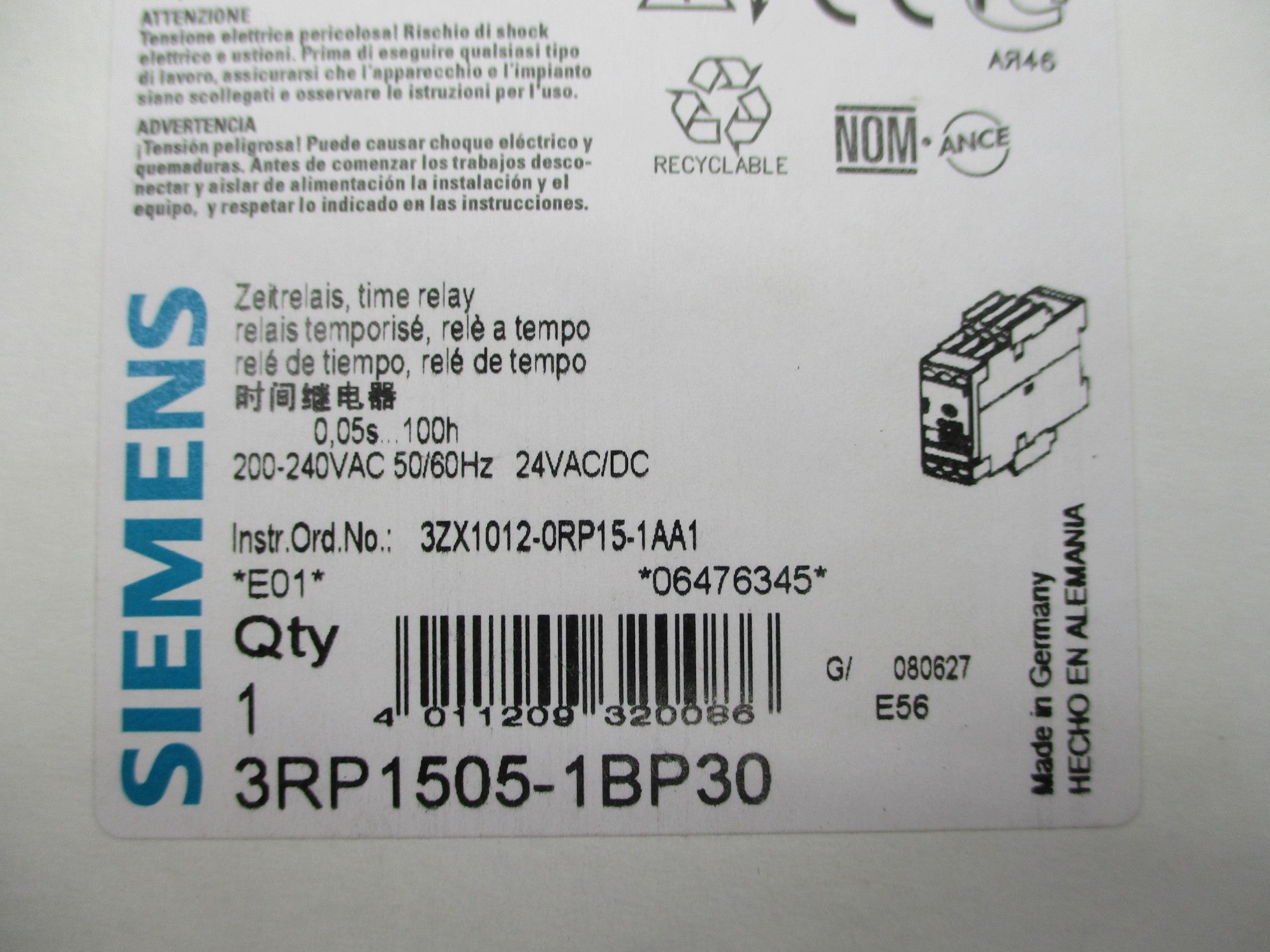 SIEMENS 3RP1505-1BP30 200-240VAC 0.05S-100H NSMP