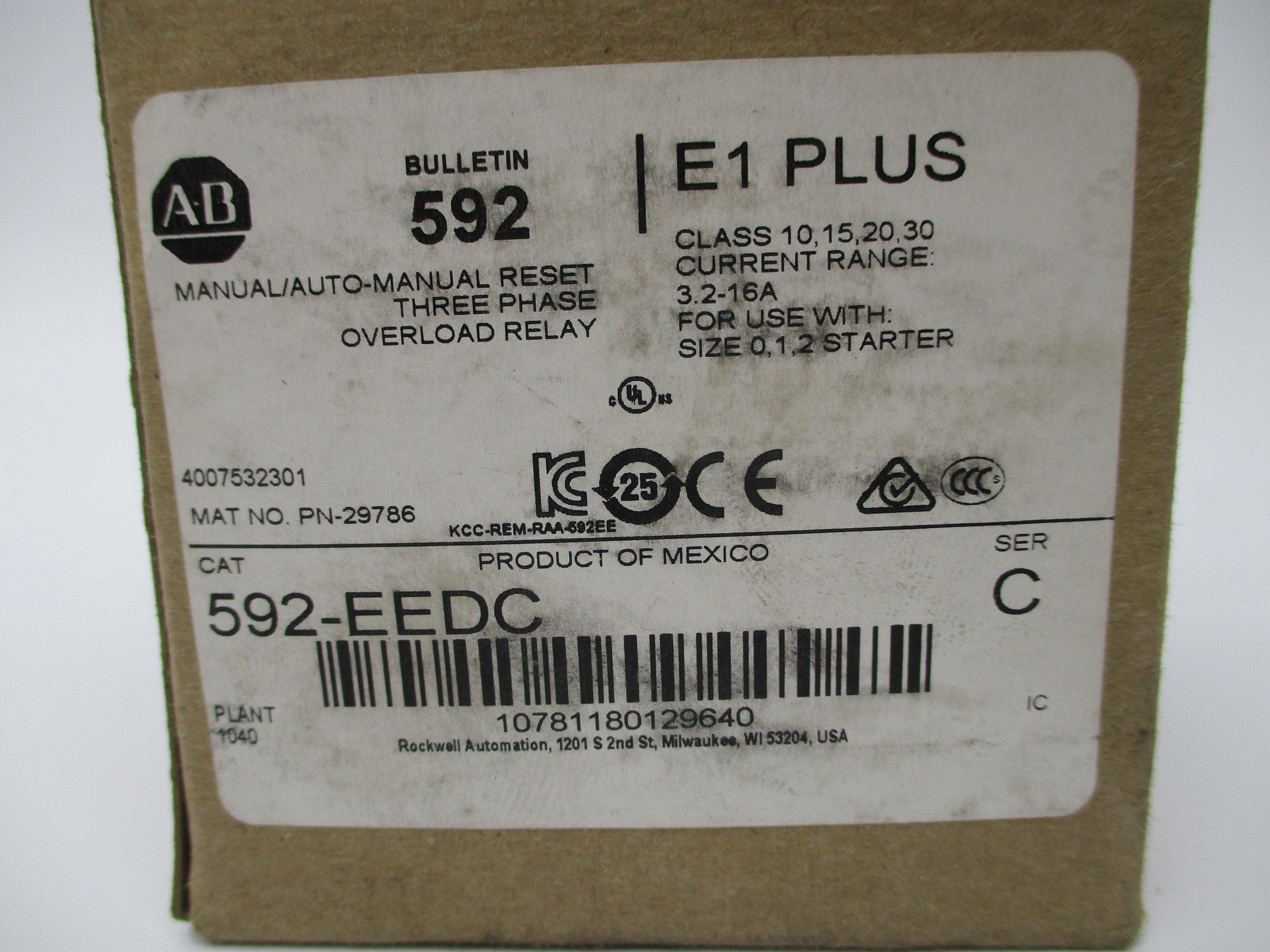ALLEN BRADLEY 592-EEDC SER. C 600V 3.2-16A (BR/WH) NSMP