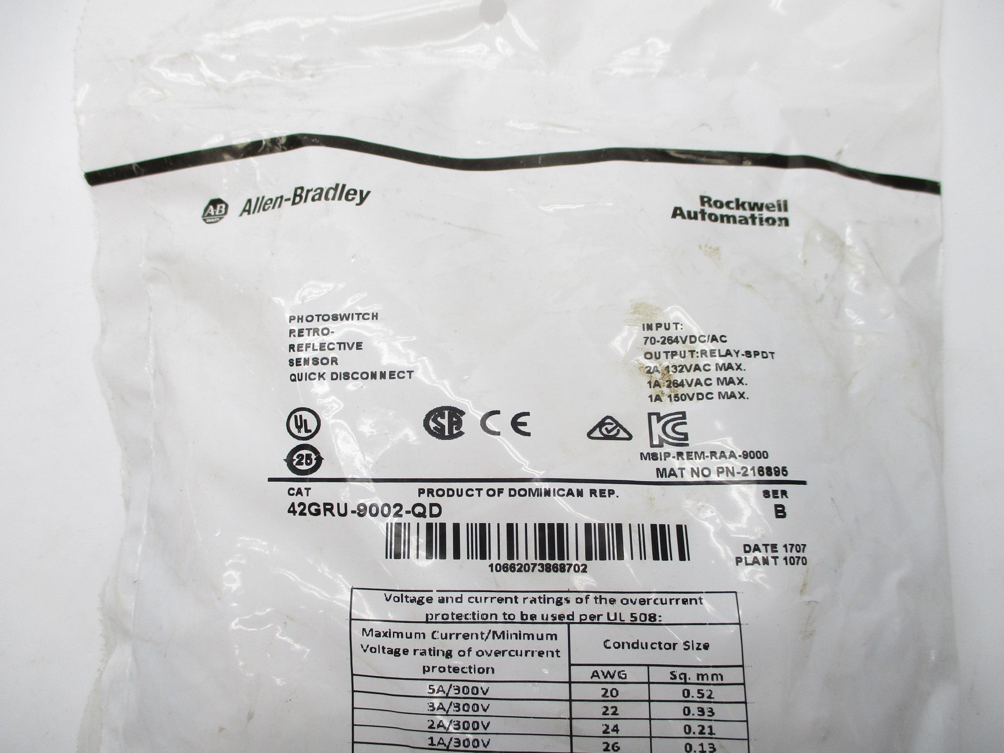 ALLEN BRADLEY 42GRU-9002-QD SER. B 70-264VDC/AC NSMP