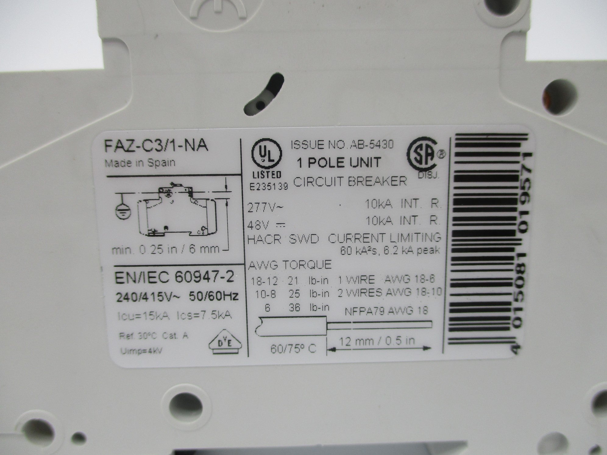 KLOCKNER MOELLER FAZ-C3-1/NA 3A 277V NSNP
