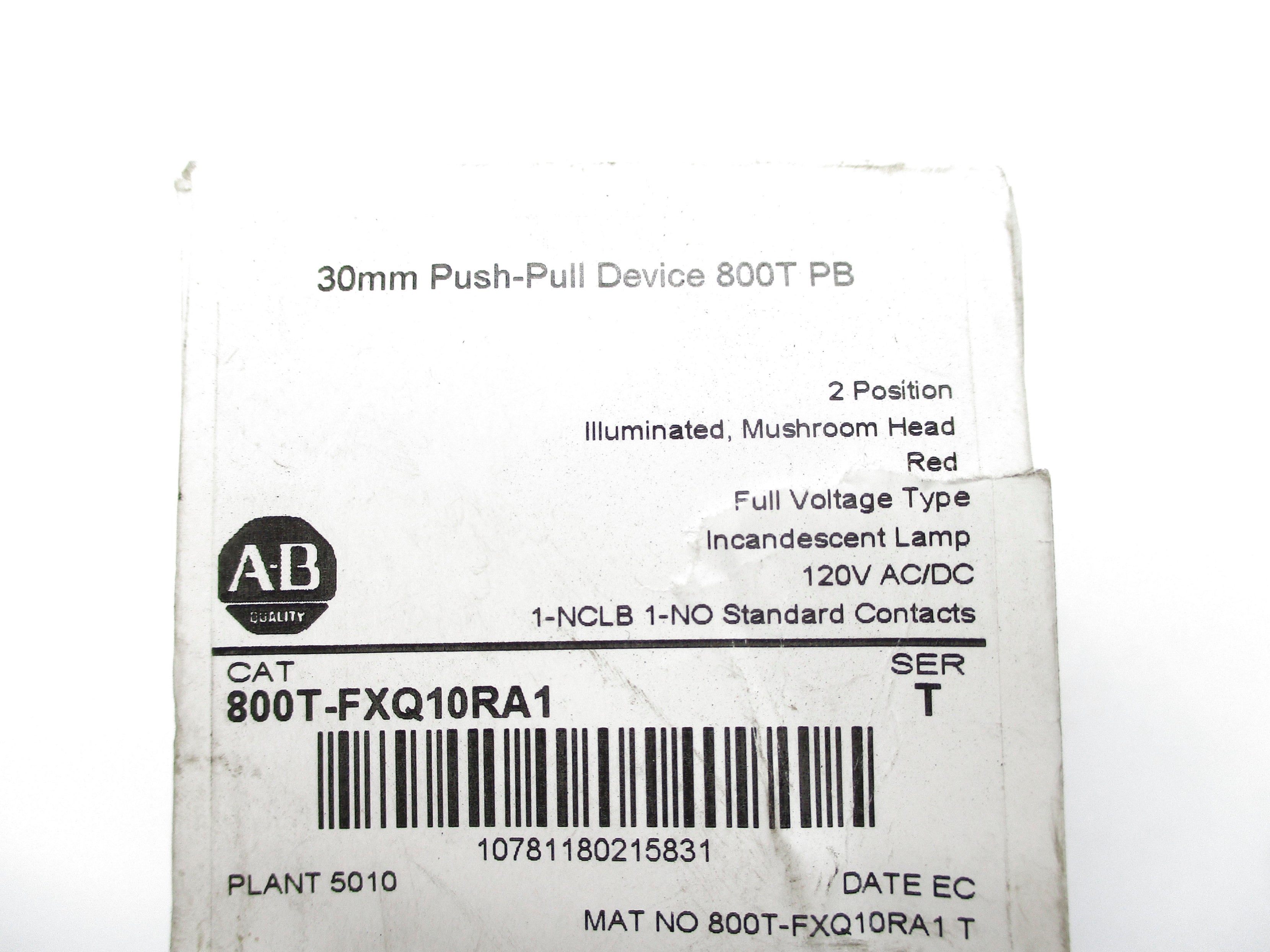 ALLEN BRADLEY 800T-FXQ10RA1 SER. T 120VAC/DC (WH) NSMP