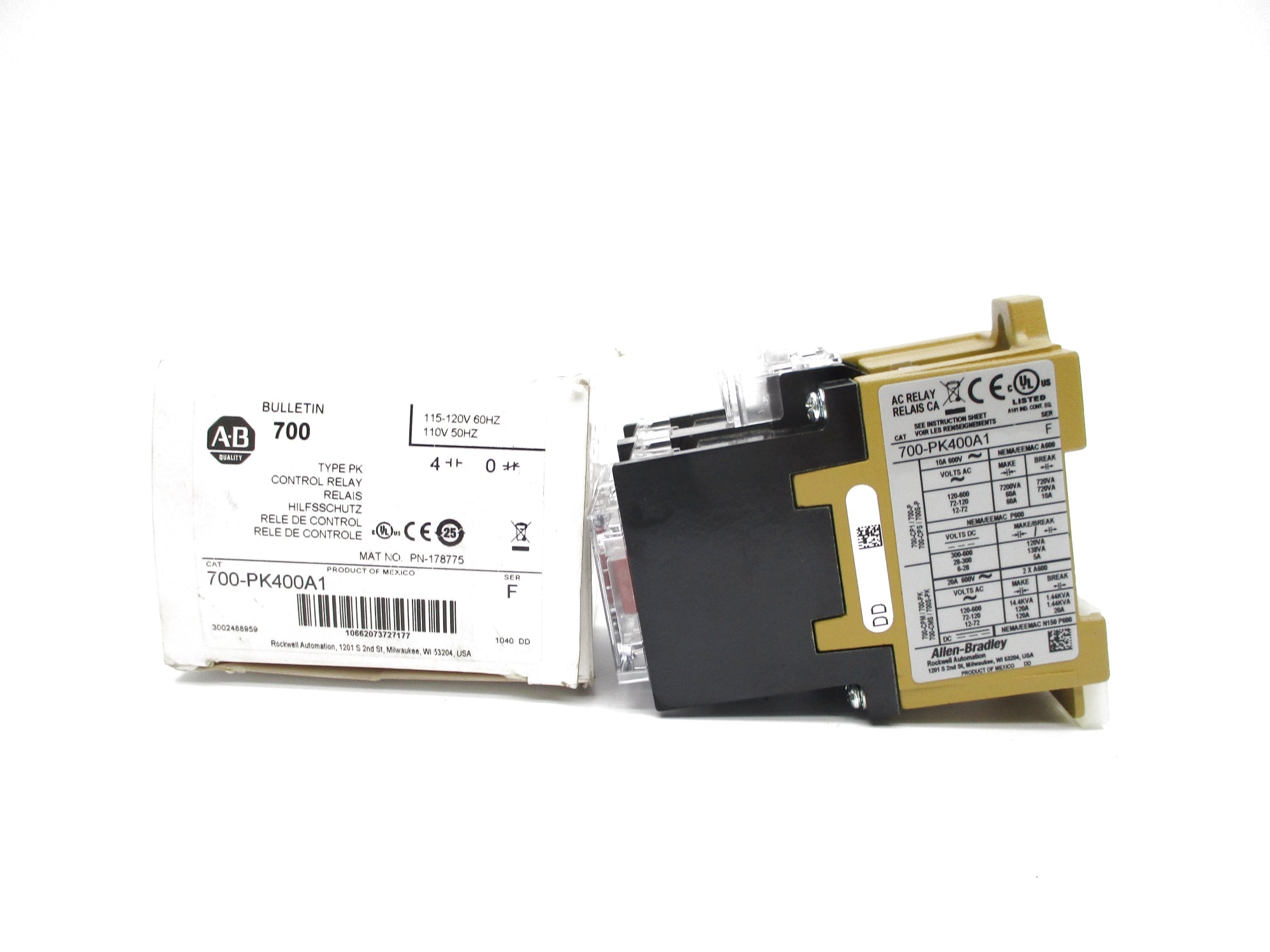 ALLEN BRADLEY 700-PK400A1 SER. F 110/115-120V 10A (WH) NSMP