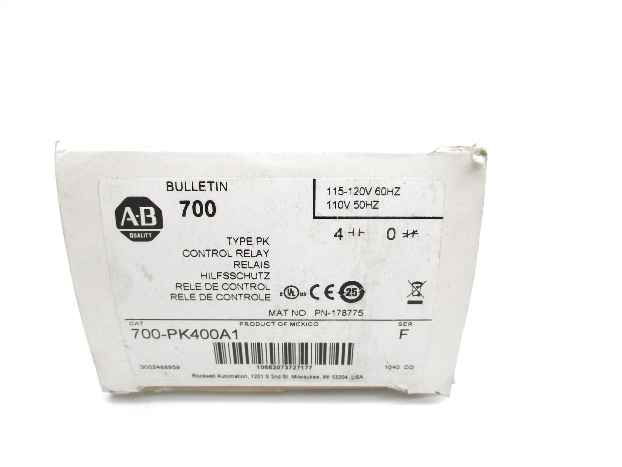 ALLEN BRADLEY 700-PK400A1 SER. F 110/115-120V 10A (WH) NSMP