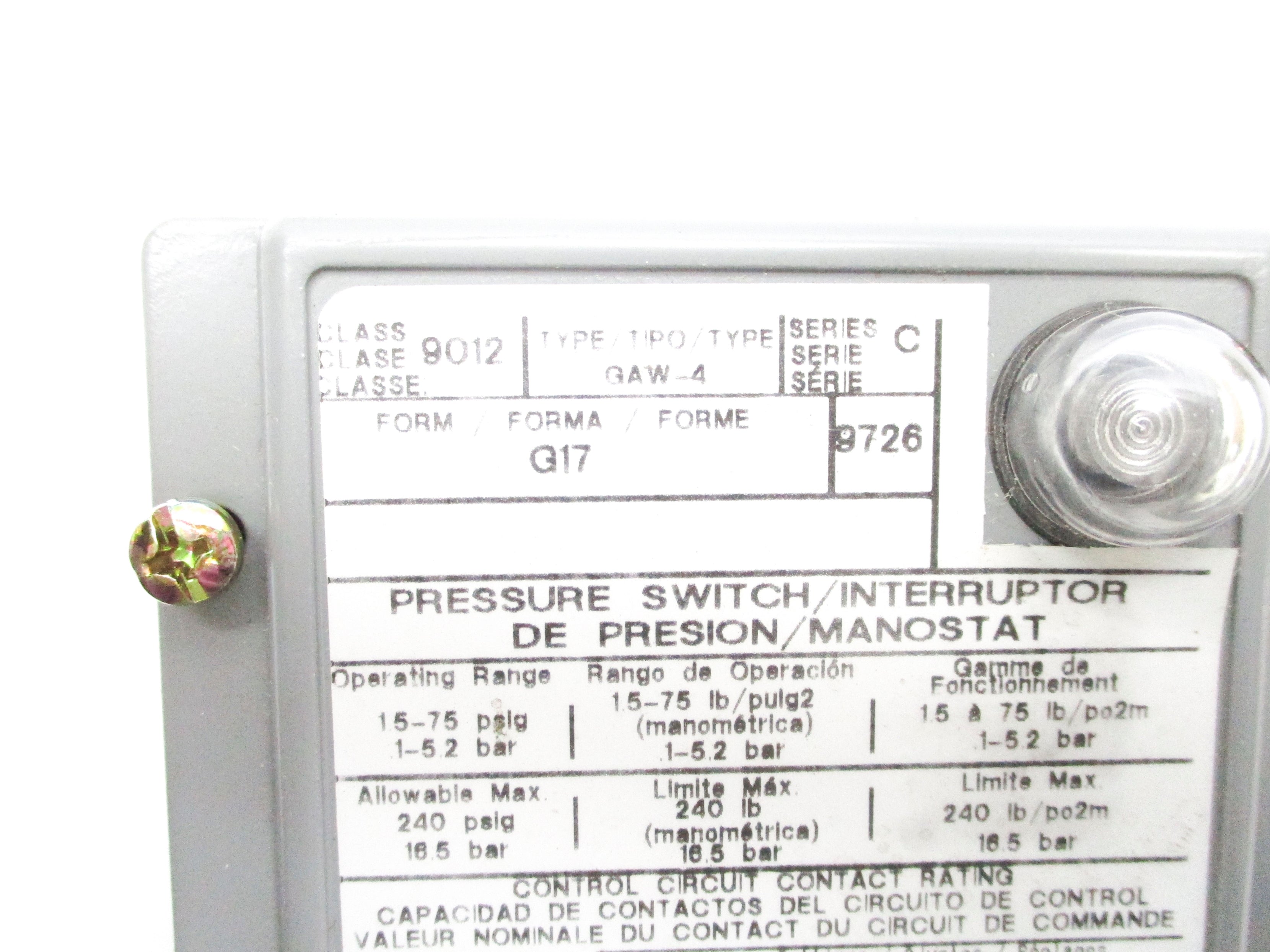 SQUARE D 9012GAW-4 SER. C 1.5-75PSI NSNP