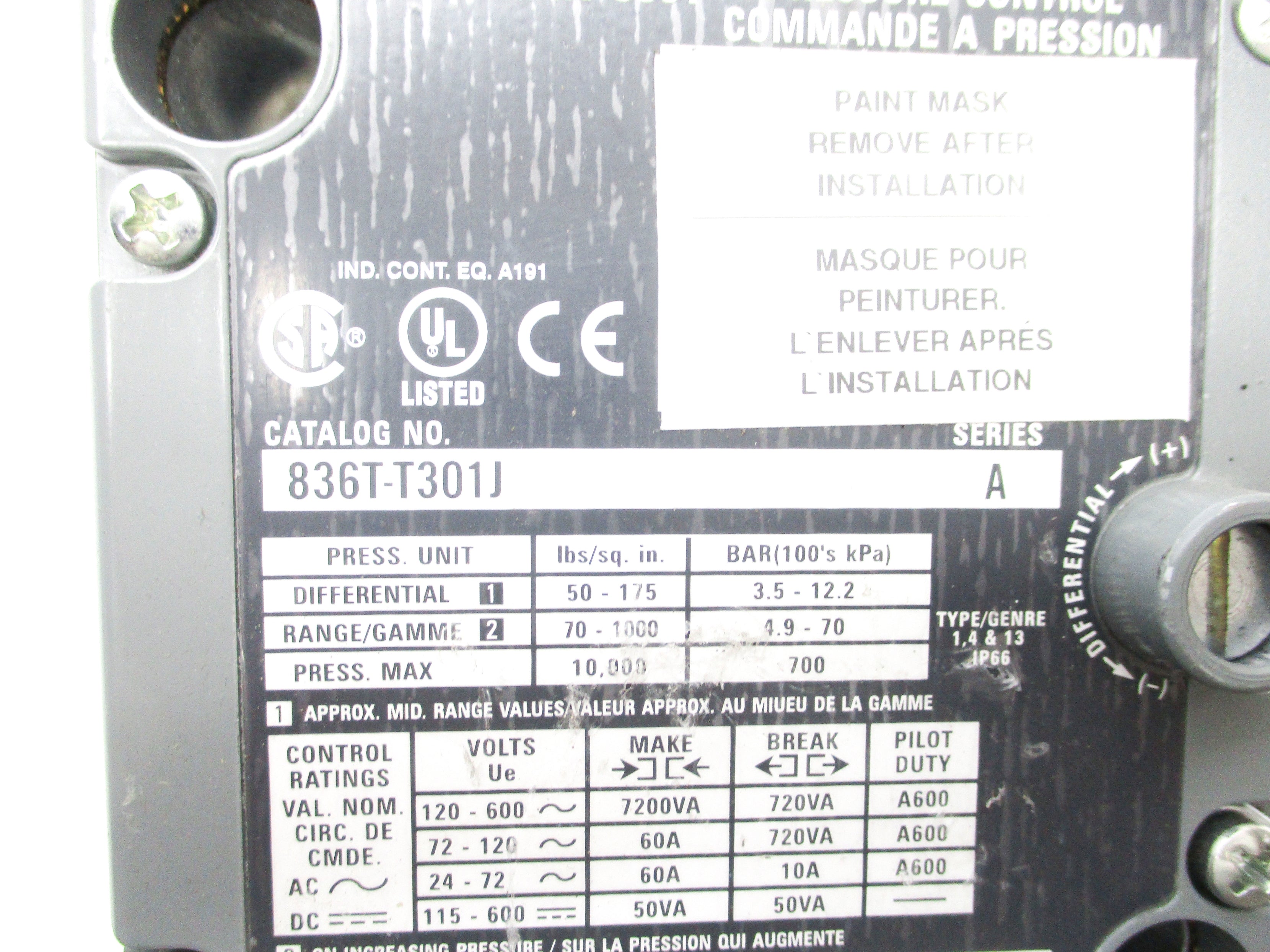 ALLEN BRADLEY 836T-T301J SER. A 120-600VAC 60A 70-1000PSI NSNP