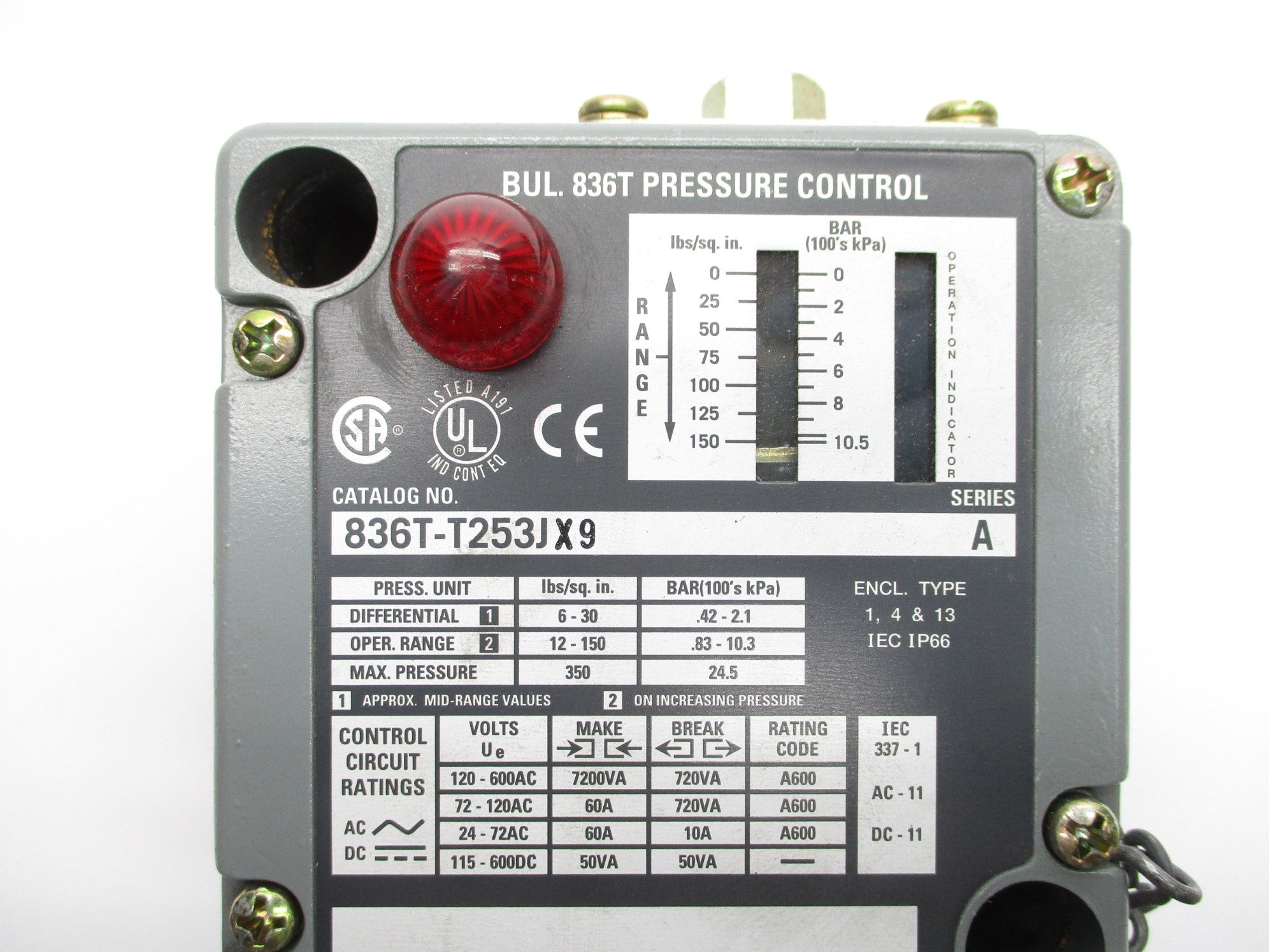 ALLEN BRADLEY 836T-T253JX9 SER. A 120-600VAC 12-150PSI NSNP