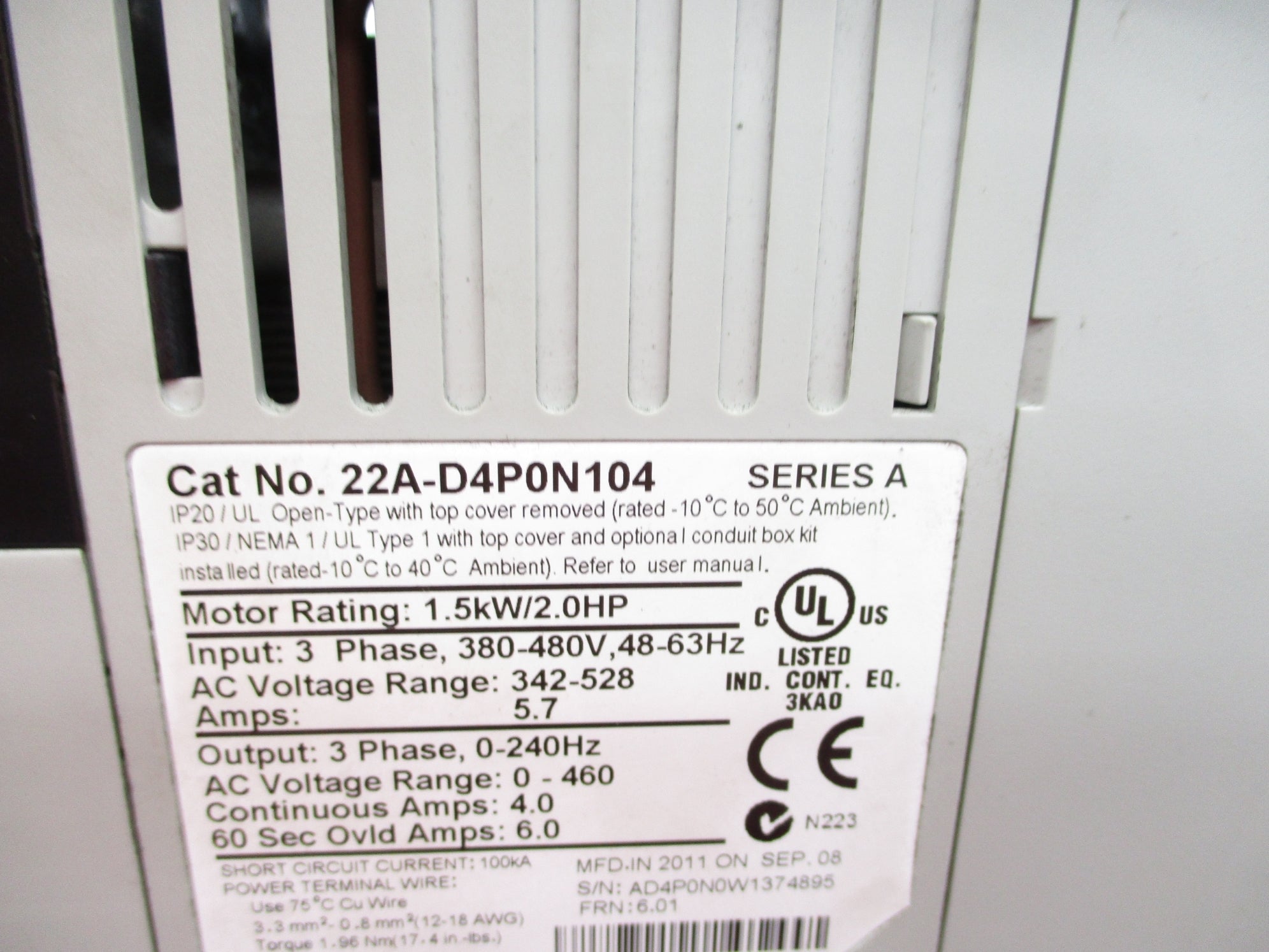 ALLEN BRADLEY 22A-D4P0N104 SER. A F/W 6.01 342-528VAC 5.7A UNMP