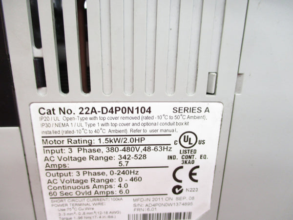 ALLEN BRADLEY 22A-D4P0N104 SER. A F/W 6.01 342-528VAC 5.7A UNMP